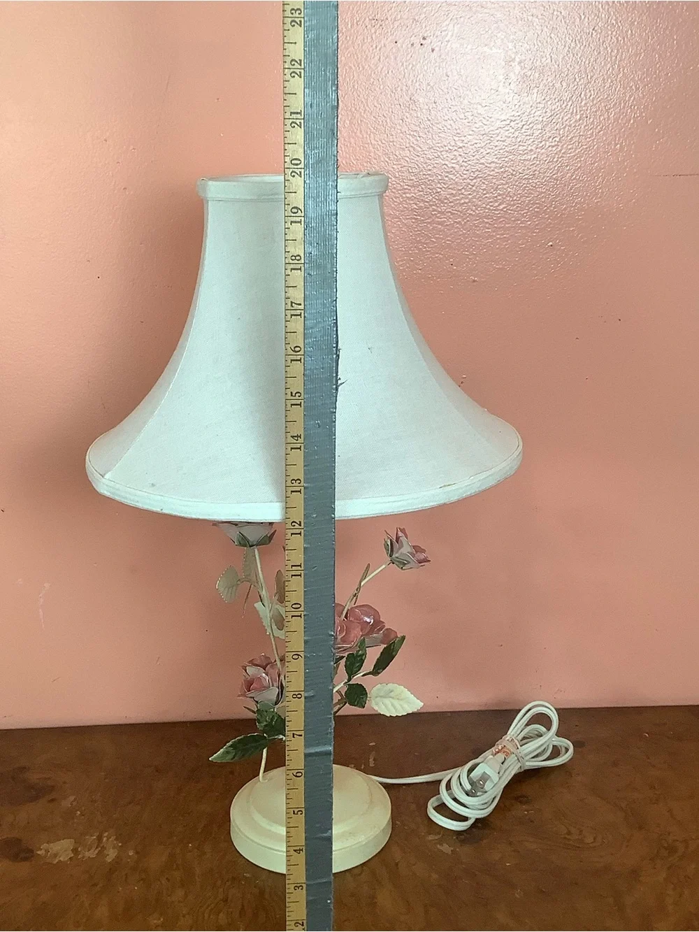 Vintage 2YK Cottage-Style Lamp 20” Metal Pink Roses With Fabric  Bell Shade